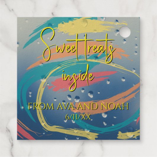 ティール（緑がかった色）、オレンジ、黄色、サンゴのブラシストローク フェイバータグ (裏面)