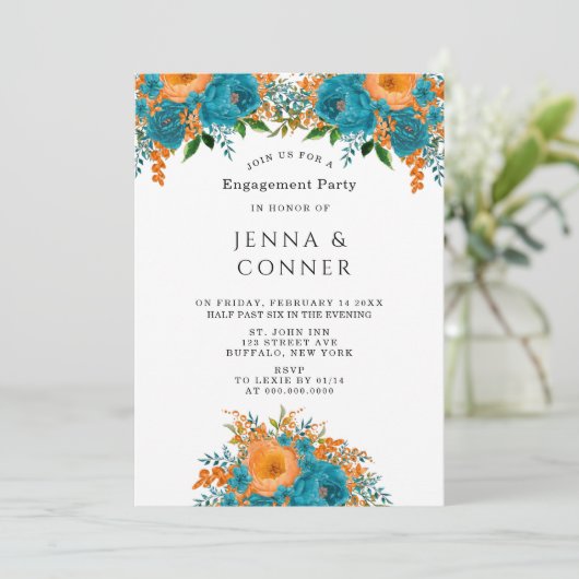 ティール（緑がかった色）オレン絵を描ジフローラ婚約パーティ 招待状 (スタンド正面)