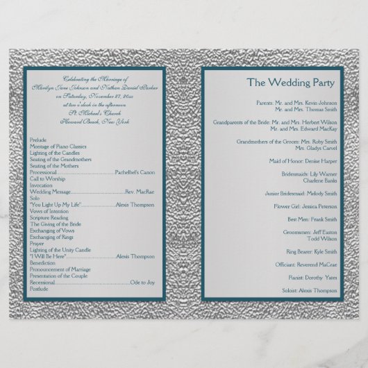 ティール(緑がかった色)オンピューター結婚式 プログラム (裏面)