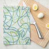 ティール(緑がかった色)、オーガニック金ゴールド、およびティール(緑がかった色)上の緑の図形 キッチンタオル (四つ折り)