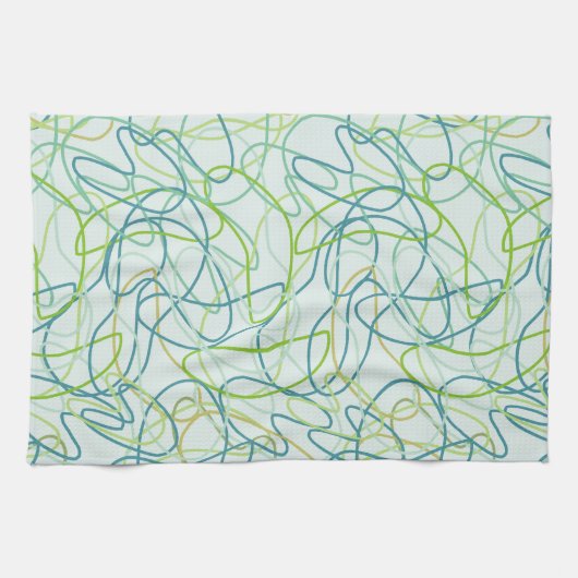 ティール(緑がかった色)、オーガニック金ゴールド、およびティール(緑がかった色)上の緑の図形 キッチンタオル (横)
