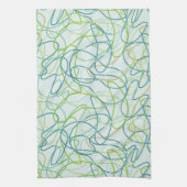 ティール(緑がかった色)、オーガニック金ゴールド、およびティール(緑がかった色)上の緑の図形 キッチンタオル (縦)