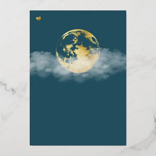 ティール（緑がかった色）オーバーザムーン金ゴールド男女兼用ベビーシャワー 箔招待状 (裏面)