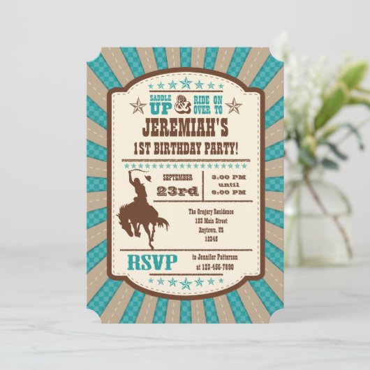 ティール(緑がかった色)カウボーイ・ロデオ誕生日パーティーの招待 招待状 (スタンド正面)