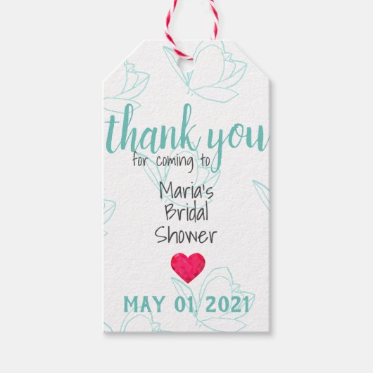 ティール（緑がかった色）カスタマイズ可能なブライダルシャワーラベルとTwine ギフトタグ (正面)