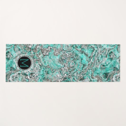ティール(緑がかった色)カスタムターコイズ銀グレーアゲート酸パターン ヨガマット (正面(横))