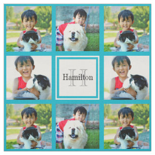 ティール（緑がかった色）カスタムフォトパーソナライズされたコラージモノグラム ファブリック