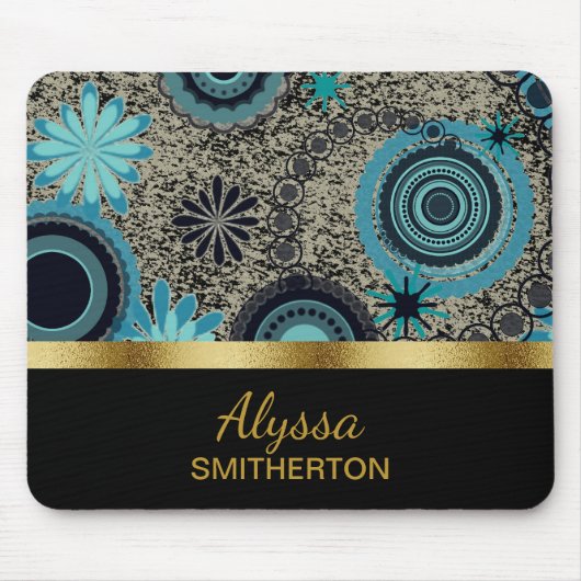 ティール(緑がかった色)カスタムブラック金ゴールドトレンディーサークル マウスパッド (正面)