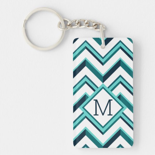 ティール(緑がかった色)カスタムブルーアクアターコイズグリーンジグザグアート キーホルダー (正面)