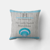 ティール（緑がかった色）カスタムブルーシーシェルホワイトシェルコースタルグレー クッション (裏面)