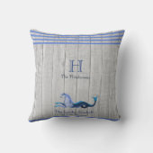 ティール(緑がかった色)カスタムブルーネイビーシーホースコースタルグレー材 クッション (裏面)