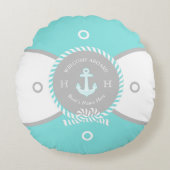 ティール(緑がかった色)カスタムブルーホワイトいかりライフリングや輪航海の ラウンドクッション (正面)