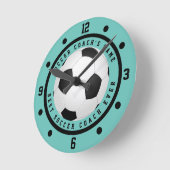 ティール(緑がかった色)カスタムブルーボーイズサッカーコーチラウンドクロック ラウンド壁時計 (傾斜)
