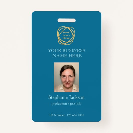 ティール（緑がかった色）カスタム社員フォト会社ロゴQRコード バッジ (正面)