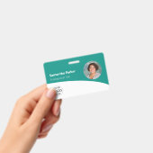 ティール(緑がかった色)カスタム社員 – 写真、ロゴ、バーコード、名前 バッジ (手持ち)