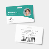 ティール(緑がかった色)カスタム社員 – 写真、ロゴ、バーコード、名前 バッジ (正面&裏面)