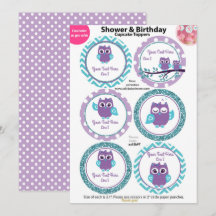 ティール（緑がかった色）カップケーキトッパー付きパープルフクロウ、ベビーシャワー