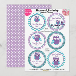 ティール（緑がかった色）カップケーキトッパー付きパープルフクロウ、ベビーシャワー 招待状