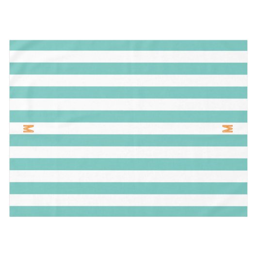 ティール(緑がかった色)カバナストライプ&オレンジモノグラパーソナライズされたム テーブルクロス (正面(横))