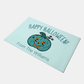 ティール(緑がかった色)カボチャージャッコランタンハッピーハローウィンdoormat ドアマット (アングル)