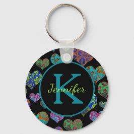 ティール（緑がかった色）カラフルフローラハートイニシャル名モノグラム キーホルダー
