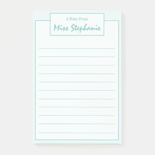 ティール(緑がかった色)カラフルブルースクリプトの先生 ポストイット (正面)