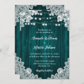 ティール(緑がかった色)カントリーウッドフローラレースライト結婚ズ 招待状 (正面/裏面)