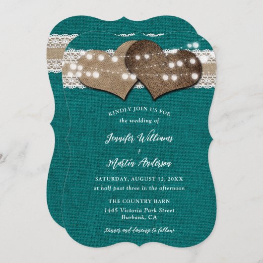 ティール(緑がかった色)カントリーバーラップレースストリングラ結婚イト 招待状 (正面/裏面)
