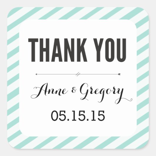 ティール（緑がかった色）カーニバルストライプサンキュースティッカー スクエアシール (正面)