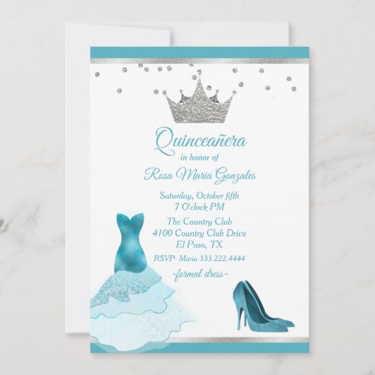 ティール(緑がかった色)ガウンとヒールとシルバークラウンキンセアニェラ 招待状 (正面)