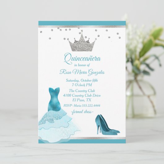 ティール（緑がかった色）ガウンとヒールとシルバークラウンキンセアニェラ 招待状 (スタンド正面)