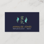 ティール(緑がかった色)ガラスの霊気の治療の記号そして手 名刺 (正面)