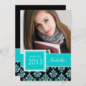 ティール（緑がかった色）ガーリーグリッターダマスクグラードフォト 招待状 (正面/裏面)