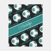 ティール(緑がかった色)ガーリーホワイト私はサッカー文字パターン大好き フリースブランケット (正面)