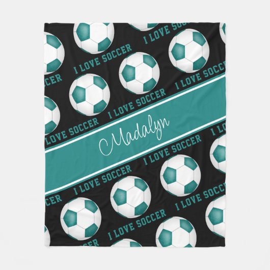 ティール(緑がかった色)ガーリーホワイト私はサッカー文字パターン大好き フリースブランケット (正面)