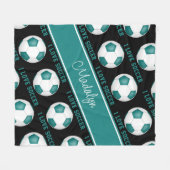 ティール(緑がかった色)ガーリーホワイト私はサッカー文字パターン大好き フリースブランケット (正面(横))
