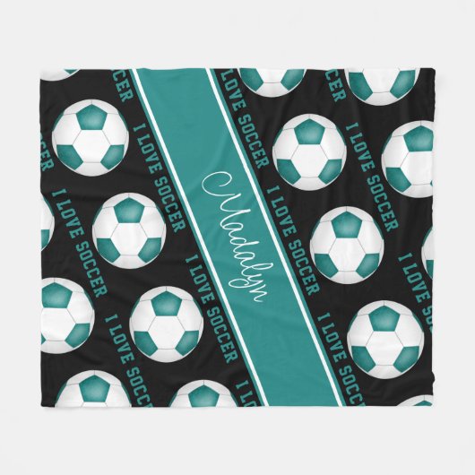 ティール(緑がかった色)ガーリーホワイト私はサッカー文字パターン大好き フリースブランケット (正面(横))