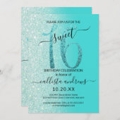 ティール(緑がかった色)ガーリーミントグリーングリッターグラデーションスウィート16 招待状 (正面/裏面)