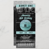 ティール(緑がかった色)ガールズバスケットボール誕生日チケット 招待状 (正面/裏面)