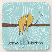 ティール(緑がかった色)キスをするかわいい愛鳥が鳥のかご座に コースター (正面)