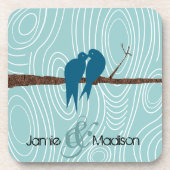 ティール(緑がかった色)キスをするかわいい愛鳥が鳥のかご座に コースター (正面)