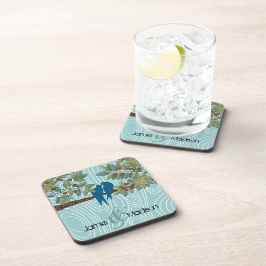 ティール（緑がかった色）キスをするかわいい愛鳥が鳥のかご座に コースター (右側)