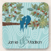 ティール（緑がかった色）キスをするかわいい愛鳥が鳥のかご座に コースター (正面)