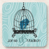 ティール（緑がかった色）キスをするかわいい愛鳥が鳥のかご座に コースター (正面)