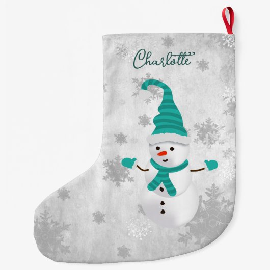 ティール(緑がかった色)キュート雪だるまホリデーストッキング ラージクリスマスストッキング (裏面)