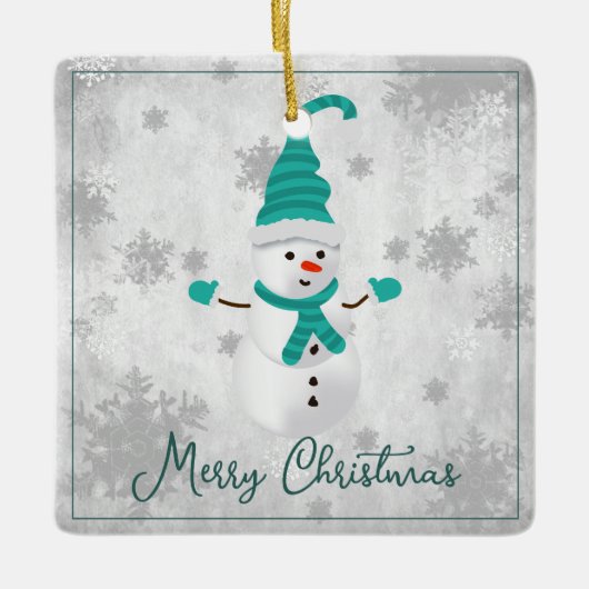 ティール(緑がかった色)キュート雪だるまホリデーセラミックオーナメント セラミックオーナメント (正面)