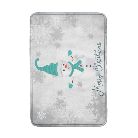 ティール(緑がかった色)キュート雪だるまホリデーバスマット バスマット (正面縦)