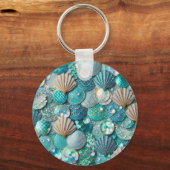 ティール(緑がかった色)キラキラ輝くマーメイドプリントと貝 キーホルダー (裏面)