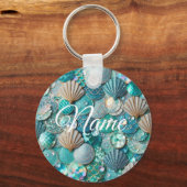ティール(緑がかった色)キラキラ輝くマーメイドプリントと貝 キーホルダー (正面)