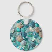 ティール(緑がかった色)キラキラ輝くマーメイドプリントと貝 キーホルダー (裏面)